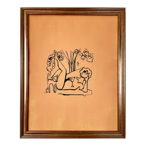Original Orange Ink Painting of a Woman Reclining With Cat by Max and Alma