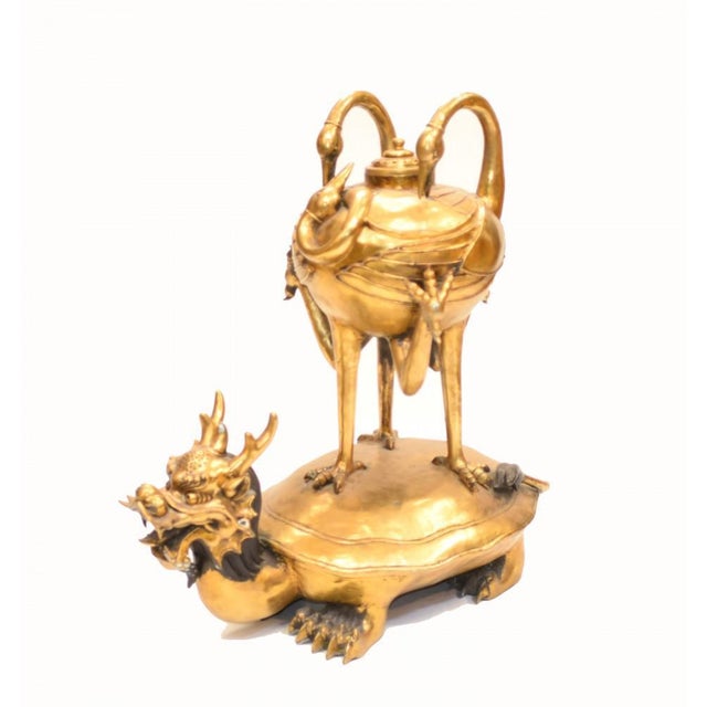 - Quirky bronze Chinese temple incense burner - In the shape of a dragon turtle creature out of which sprouts the cranes -...