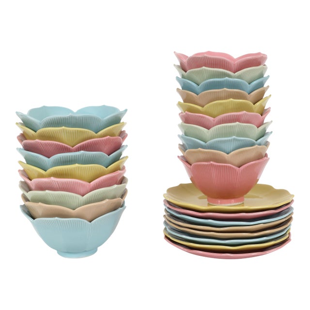 Mid Century Modern Lotus Plates and Bowls in Pastel Colors - Set of 27 For Sale