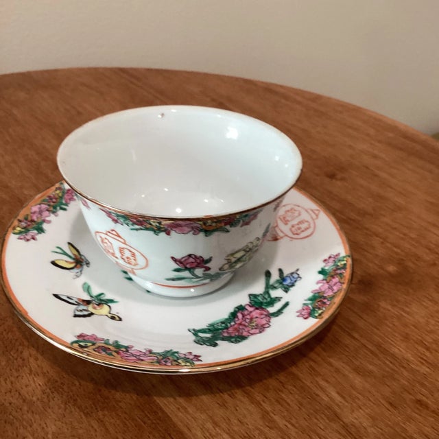 Late 20th Century Late 20th Century Vintage Bone China Chinese Coffee Cup and Saucer With Traditional Lanterns and Flowers and Butterflies- 2 Pieces For Sale - Image 5 of 7