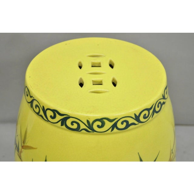 Vintage Chinese Chinoiserie Yellow Porcelain Ceramic Garden Seat W Painted Birds For Sale - Image 4 of 11