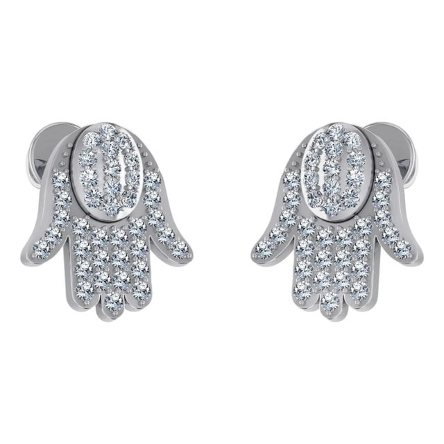 14K White Gold Round Baguette Diamond Hamza Hand Religious Stud Earrings 1/5 Cttw, A Pair For Sale