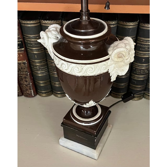 Fine Antique 19th Century Italian Creamware Urn With Goat Mask Handles Mounted as a Table Lamp For Sale - Image 13 of 15