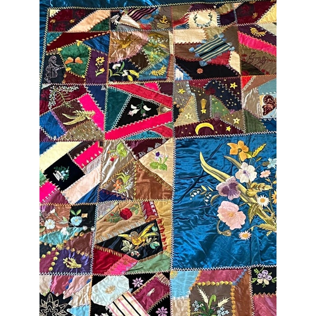 Antique Handmade Blue Silk Velvet Needlepoint Embroidery Painted Crazy Quilt For Sale - Image 4 of 9