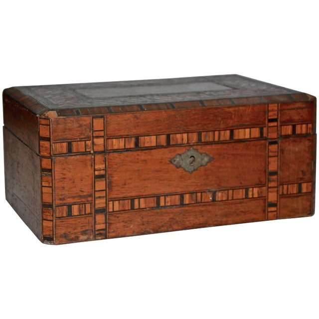 Early 20th Century Walnut and Cedar Wooden Inlay Box With Leather Hinges For Sale