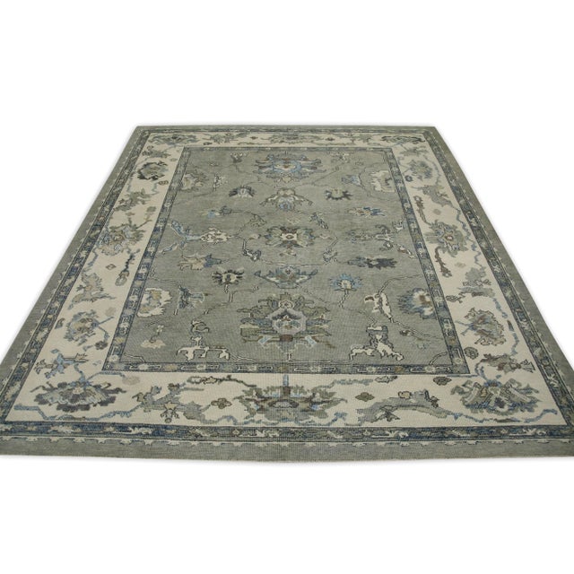 Early 21st Century Gray Floral Design Handwoven Wool Turkish Oushak Rug 8'11" X 9'9" For Sale - Image 4 of 8