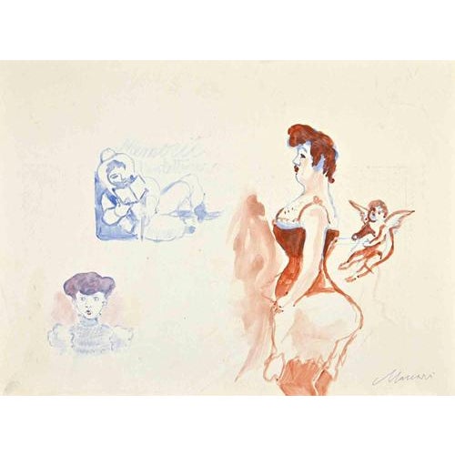 Watercolor on paper. A refined and evocative drawing by Mino Maccari, executed in watercolour with brush, combining...