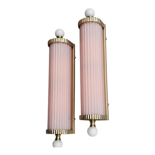 Vintage Art Deco Light Old Lamp Wall Sconces Fixture Brass & Pink Glass Rod Ship Light - Pair For Sale