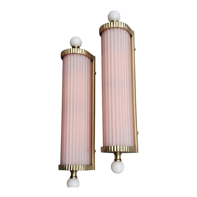 Vintage Art Deco Light Old Lamp Wall Sconces Fixture Brass & Pink Glass Rod Ship Light - Pair For Sale