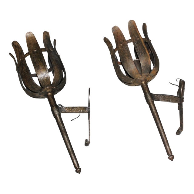 Medieval-Style Wrought Iron Wall Sconces by Rakoulal, 1970s, Set of 2 For Sale