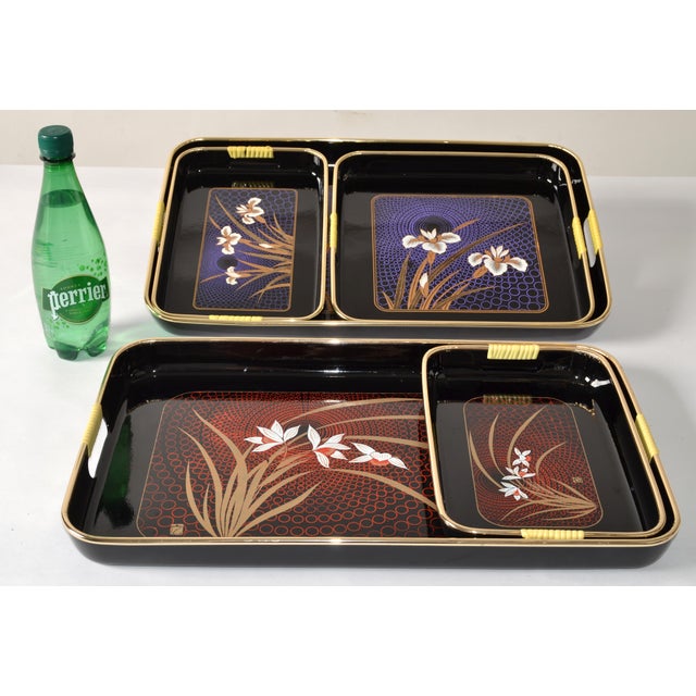 Plastic 1970s Nesting Otagiri Japan Gold Rust Purple Black Lacquered Serving Trays with Bakelite Handles- 5 Pieces For Sale - Image 7 of 12