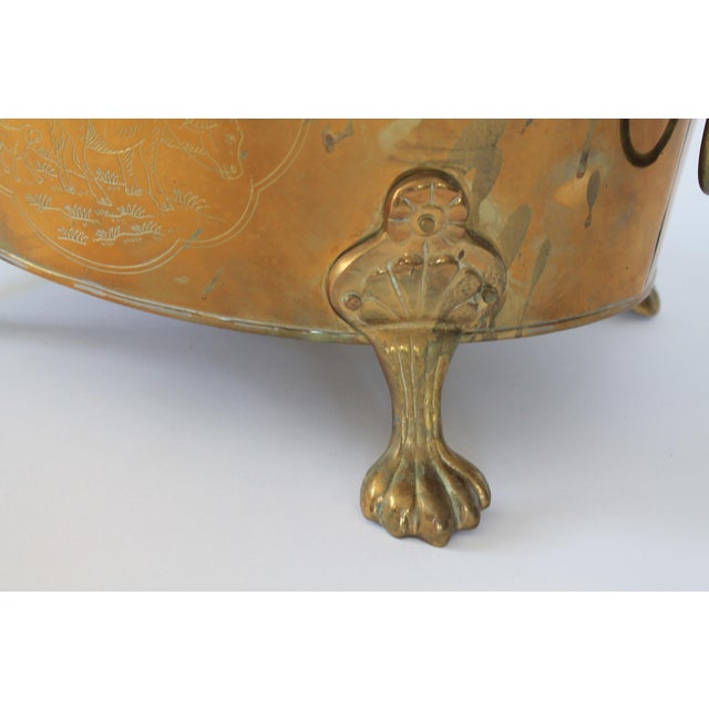 Mid 20th Century Vintage Oval Brass Cachepot W/ Lion Head Handles, Paw Feet and Etched Asian Motif For Sale - Image 5 of 18