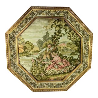 Vintage French Provincial Romantic Courting Couple Jacquard Woven Tapestry in Dimensional Octagon Gold Gilt Frame For Sale