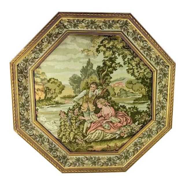 Vintage French Provincial Romantic Courting Couple Jacquard Woven Tapestry in Dimensional Octagon Gold Gilt Frame For Sale