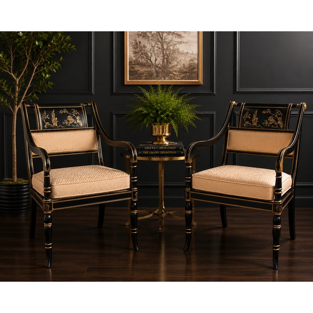 This elegant pair of Drexel Heritage armchairs showcases a refined Chinoiserie and Regency-inspired design, executed in a...