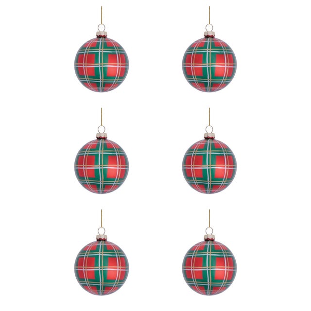 Contemporary Glass Plaid Ball Ornaments (Set of 6) For Sale - Image 3 of 3