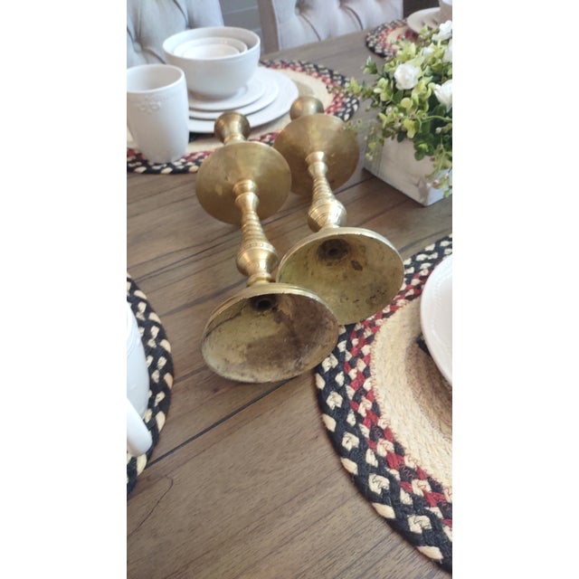 Vintage 14" Brass Moroccan Candle Sticks. Set of 2 For Sale - Image 10 of 11
