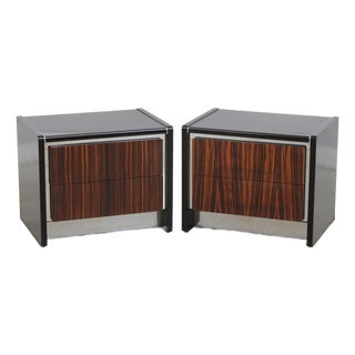 Pair John Stuart Mid Century Modern Ebony & Chrome Nightstands For Sale