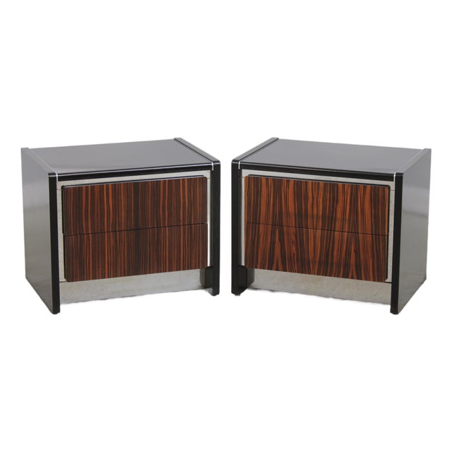 Pair John Stuart Mid Century Modern Ebony & Chrome Nightstands For Sale