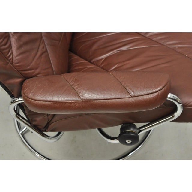 Vintage Ekornes Stressless Brown Leather Reclining Swivel Lounge Chair & Ottoman For Sale - Image 10 of 18