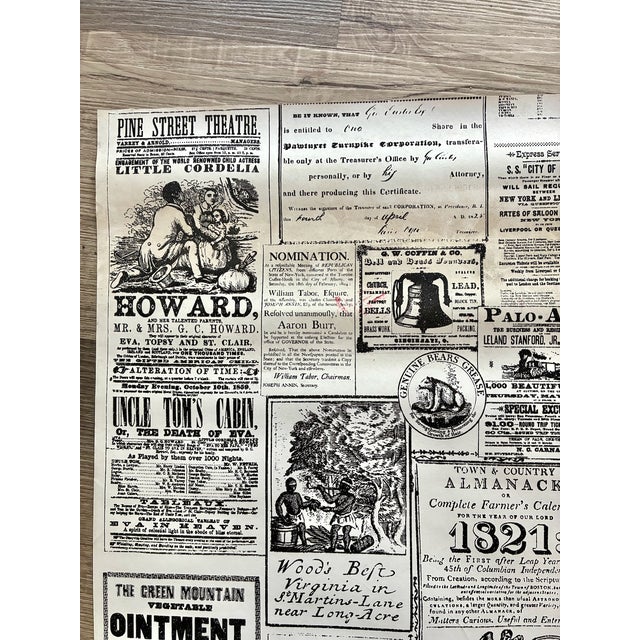 Victorian newsprint design Black and white Early-mid 1970s Likely a Brewster product Vinyl Heavy weight NIP roll