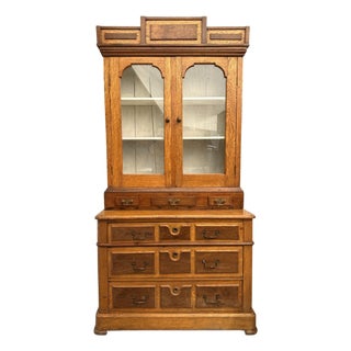 Early 1900s Architectural Oak Display Glass-Front Cabinet on Chest For Sale