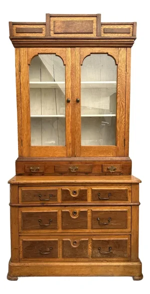 Early 1900s Architectural Oak Display Glass-Front Cabinet on Chest