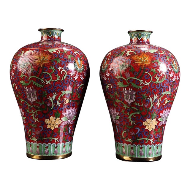Pair of Gilt Bronze Cloisonné Enamel Floral Meiping Vases For Sale