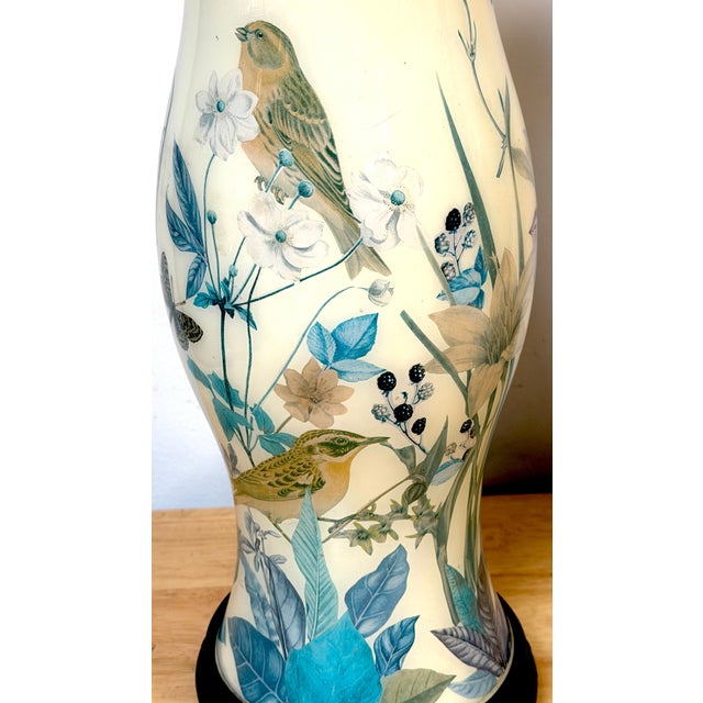 Late 19th Century Pair of English Decoupage Yellow-Ground Bird & Botanical Lamps, circa 1970s For Sale - Image 5 of 13