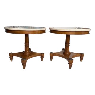 Pair of Weiman "Heirloom" Round Mahogany and Marble Pedestal Side Tables, MCM For Sale