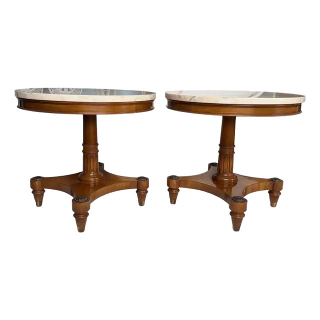 Pair of Weiman "Heirloom" Round Mahogany and Marble Pedestal Side Tables, MCM For Sale