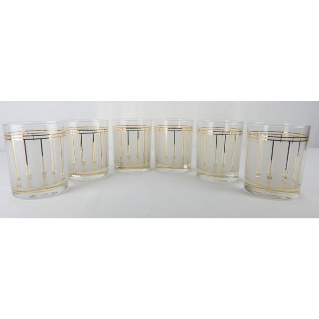 1970s Gilt & Frosted Stripe Glass Lowballs by Culver/ServeMates, set of six. Some loss of gilding on two of the glasses...