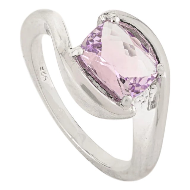 Modern-Inspired 925 Silver Cushion Cut Faceted Amethyst Bypass Ring - Size 6.5 For Sale