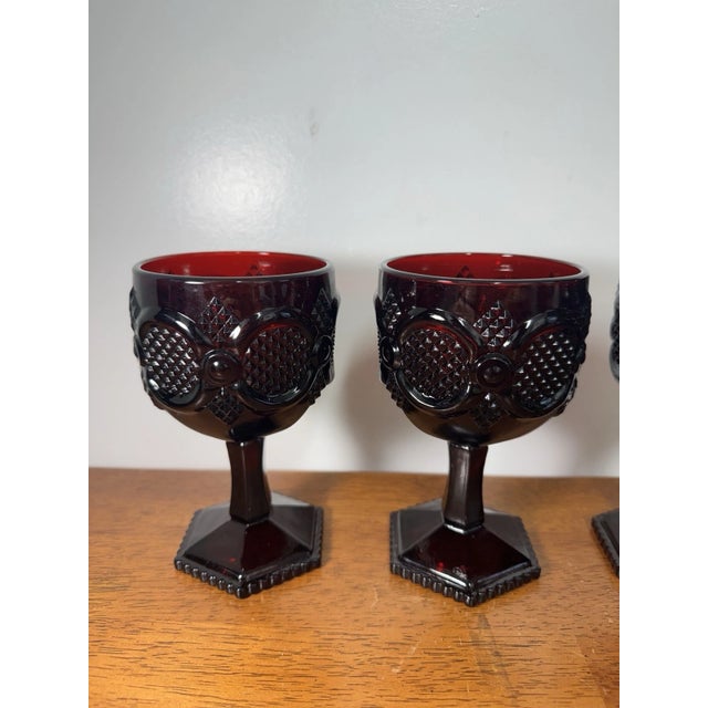 Ruby Red Vintage Ruby Red Pressed Glass Goblets Diamond Pattern Pedestal Stemwar - Set of 3 For Sale - Image 8 of 18