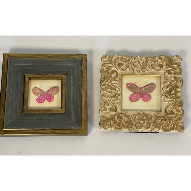 Two small abstract framed original art paintings acrylic on paper of Pink Lady Butterfly .