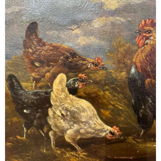 Wood 19th Century Belgian Oil on Canvas Chicken Painting Signed H. Schouten For Sale - Image 7 of 10
