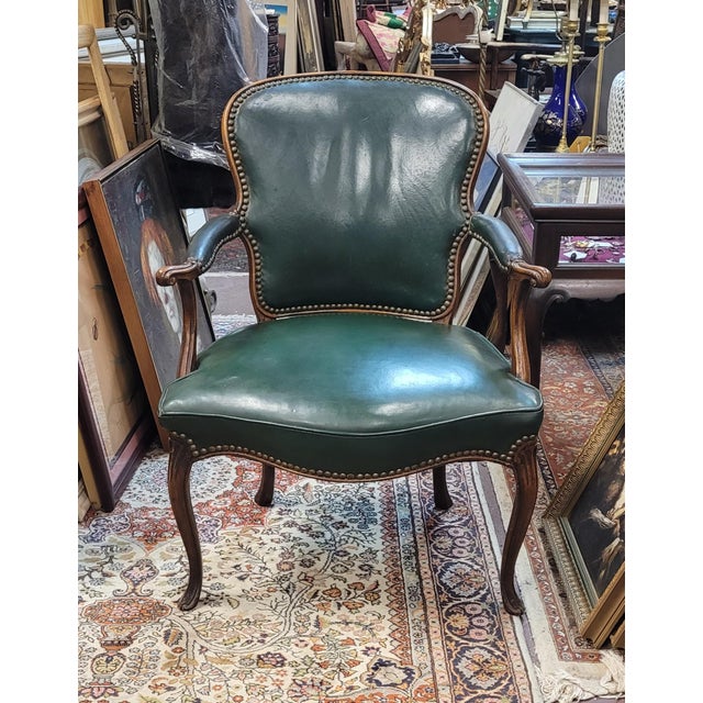 Antique French Green Leather Arm Chair For Sale - Image 9 of 13