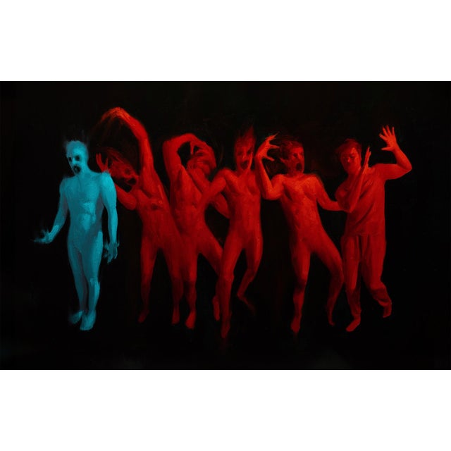 Transformation by Andrew Cadima | Oil on Board Depiction of figures in motion with contrasting colors. For Sale