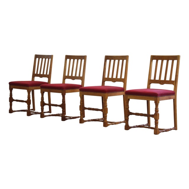 Vintage Danish Baroque Style Oak Farmhouse Chairs, 1940s, Set of 4 For Sale