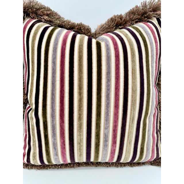 Traditional Cut Velvet Multicolor Stripe Lavender Silk Fringe Pillow For Sale - Image 3 of 10