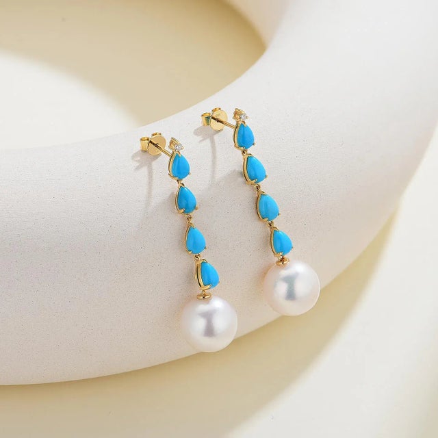 Contemporary Nina Zhou Rythm Turquoise Diamond and Pearl Drop Earrings in 14k Yellow Gold - A Pair For Sale - Image 3 of 3