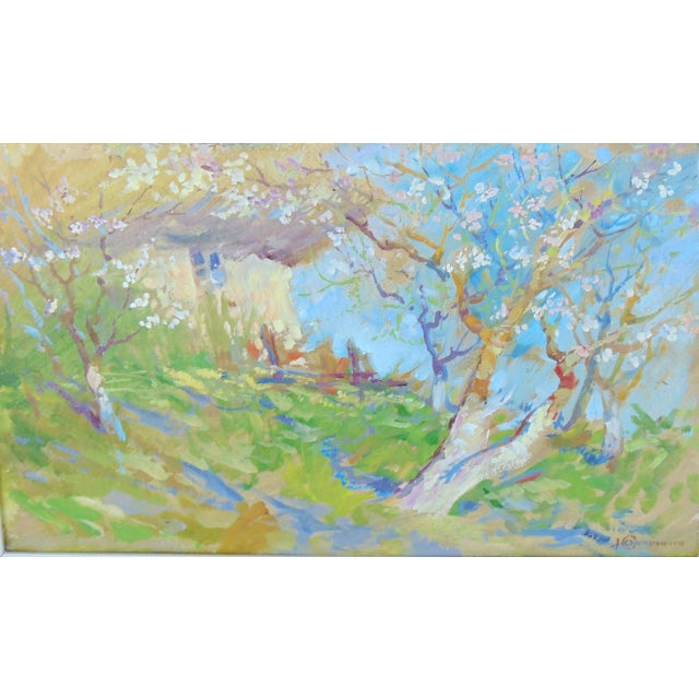 1990s Original Oil Painting "Babusya's Orchard" by Ukrainian Artist Yuri Suprunchuk Framed 24Wx17H For Sale - Image 5 of 9