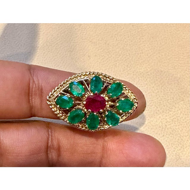 Emerald 2 Ct Natural Emerald, 1 Oval Ruby Cocktail Marquise Shape Ring 14 Kt Yellow Gold For Sale - Image 8 of 18