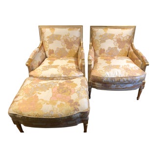 Silk and Gold Leaf Down-Filled Berger’s Chairs & Ottoman - Set of 3 For Sale