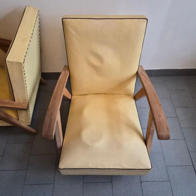 1950s Vintage Beech and Yellow Skai Armchairs with Compass Legs, 1950s, Set of 2 For Sale - Image 5 of 11