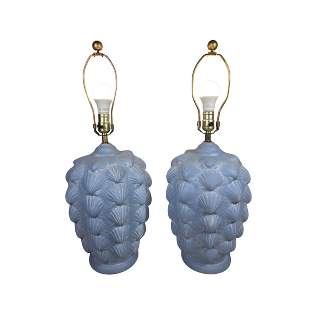Hollywood Regency Vintage Hollywood Regency Blue Scallop Shell Lamps |- Coastal Neoclassical - a Pair For Sale - Image 3 of 12