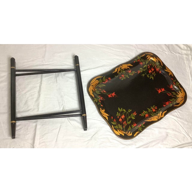 Black Vintage Hand Painted Floral Tray Table Signed Gv Veghte 1958 For Sale - Image 8 of 10