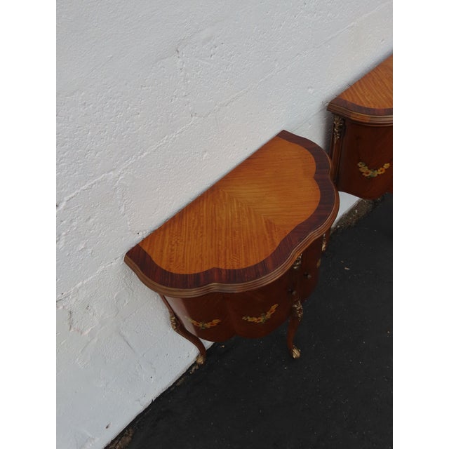 French Carved Flower Inlay Nightstands Side End Tables a Pair 6616 For Sale - Image 10 of 18