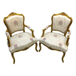 French Louis XVI-Inspired Armchair Set of 2 – Gold Leaf Carved Frame With Floral Damask Upholstery For Sale