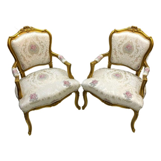 French Louis XVI-Inspired Armchair Set of 2 – Gold Leaf Carved Frame With Floral Damask Upholstery For Sale